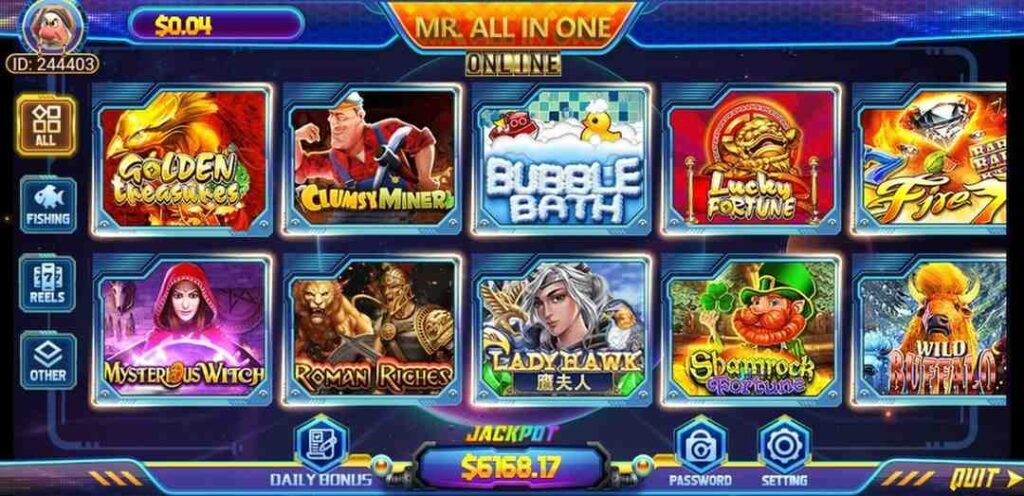 Mr All In One Casino game lobby showing slots, table games, and live dealer options on desktop